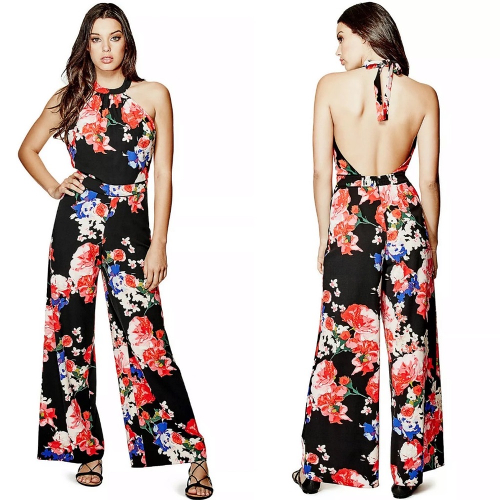 [GUESS] Floral Vibrant Wide Leg Halter Jumpsuit